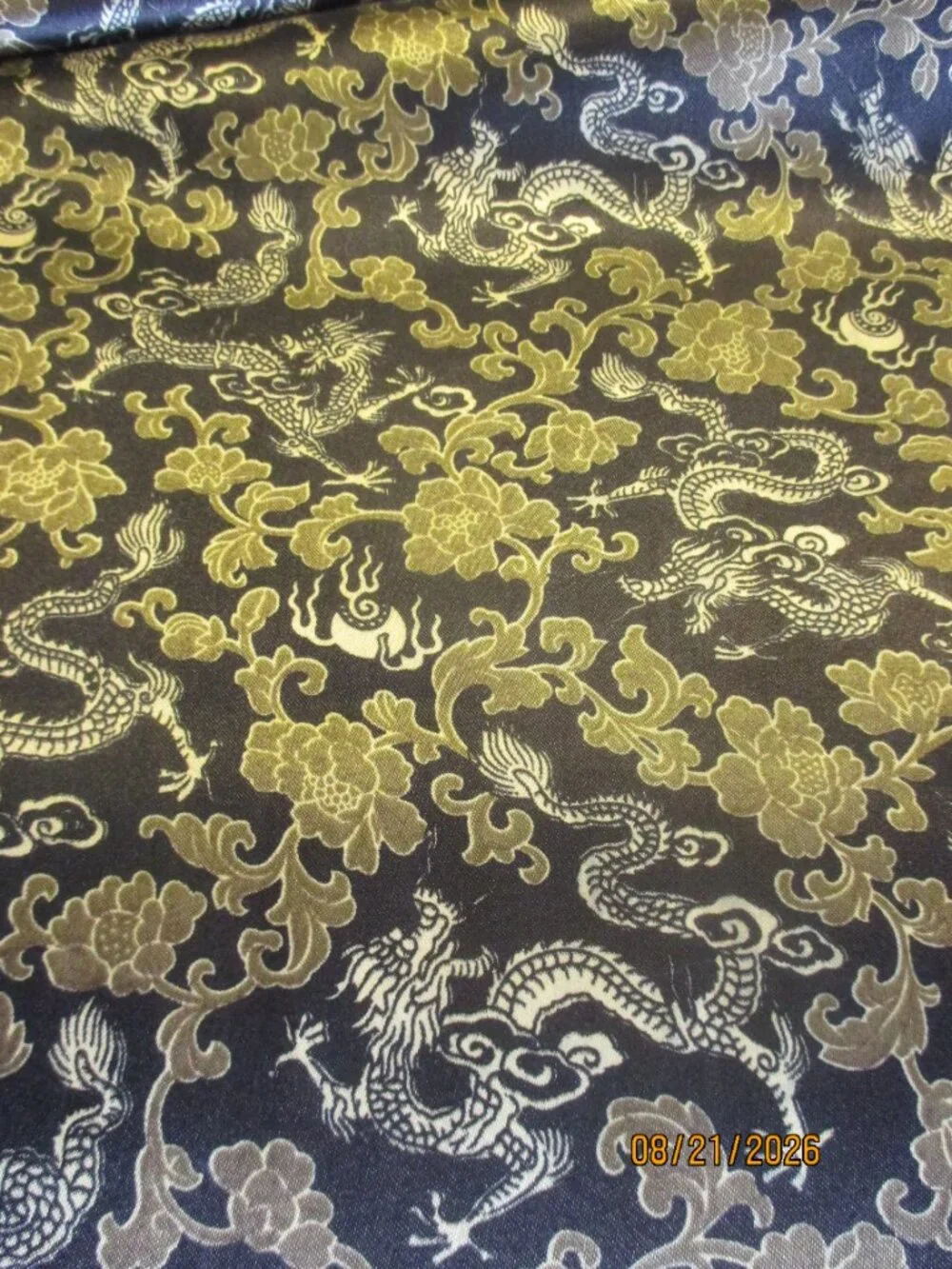 VINTAGE CHINESE BROCADE/DRAGON&FLOWERS/BLACK&GOLD/NOS